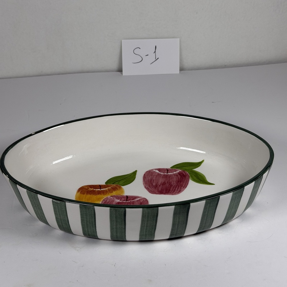 Laurie Gates Apple Serving Dish Oval Green Striped Ceramic S-1